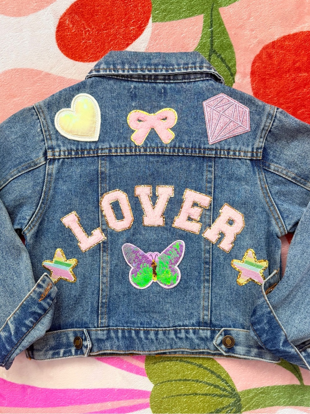 Girls Blue Denim Jacket with Pink 'LOVER' Patches